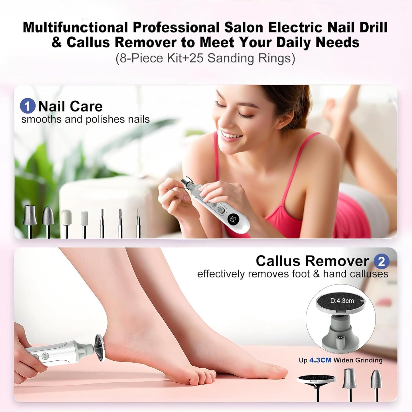 2-in-1 Professional Cordless Electric Nail Drill File&Callus Remover for Feet Hand Care-Wider Grinder for Dead Skin,Thick Nails,Acrylic Gel Nails,15 Speed,LED Display for Women Men Seniors Home Salon