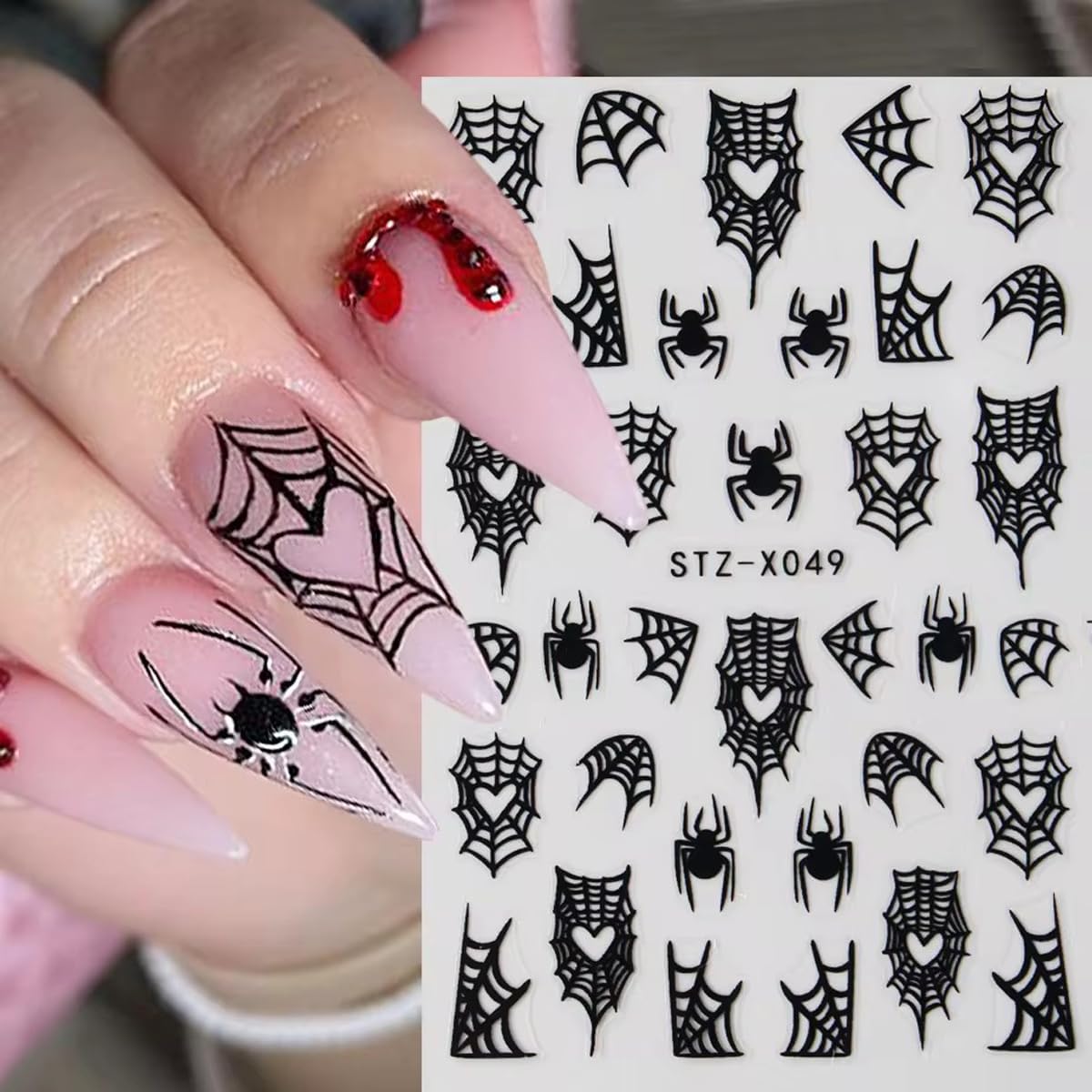 8Sheets Spider Web Nail Stickers, Halloween Decals for Nail Art - Black Stars, Moon, Flame Design - DIY Manicure Charms for Holiday Decoration Accessories