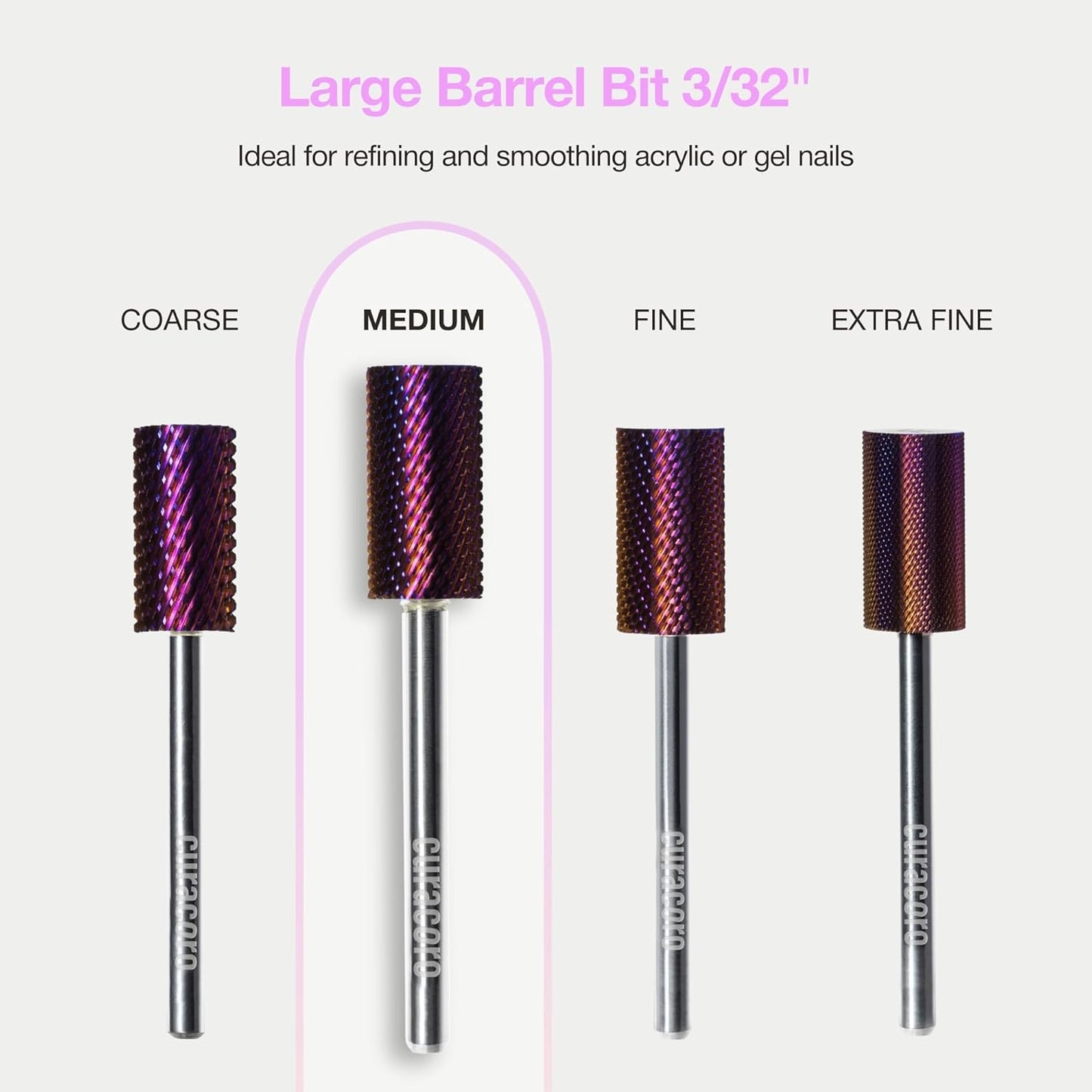 Curacoro Nail Drill Bits 3/32'' - Safe Smooth Stop Large Barrel Carbide Bit (Medium) for Professional Finish, Fast Remove, Refine & Smooth Acrylic or Gel Nails, Nail Art Pedicure Manicure Salon & Home