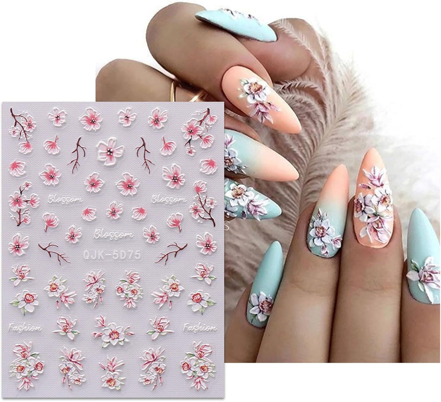 JMEOWIO 6 Sheets 3D Embossed Spring Flower Nail Art Stickers Decals Self-Adhesive Pegatinas Uñas 5D Colorful Summer Floral Leaf Nail Supplies Nail Art Design Decoration Accessories