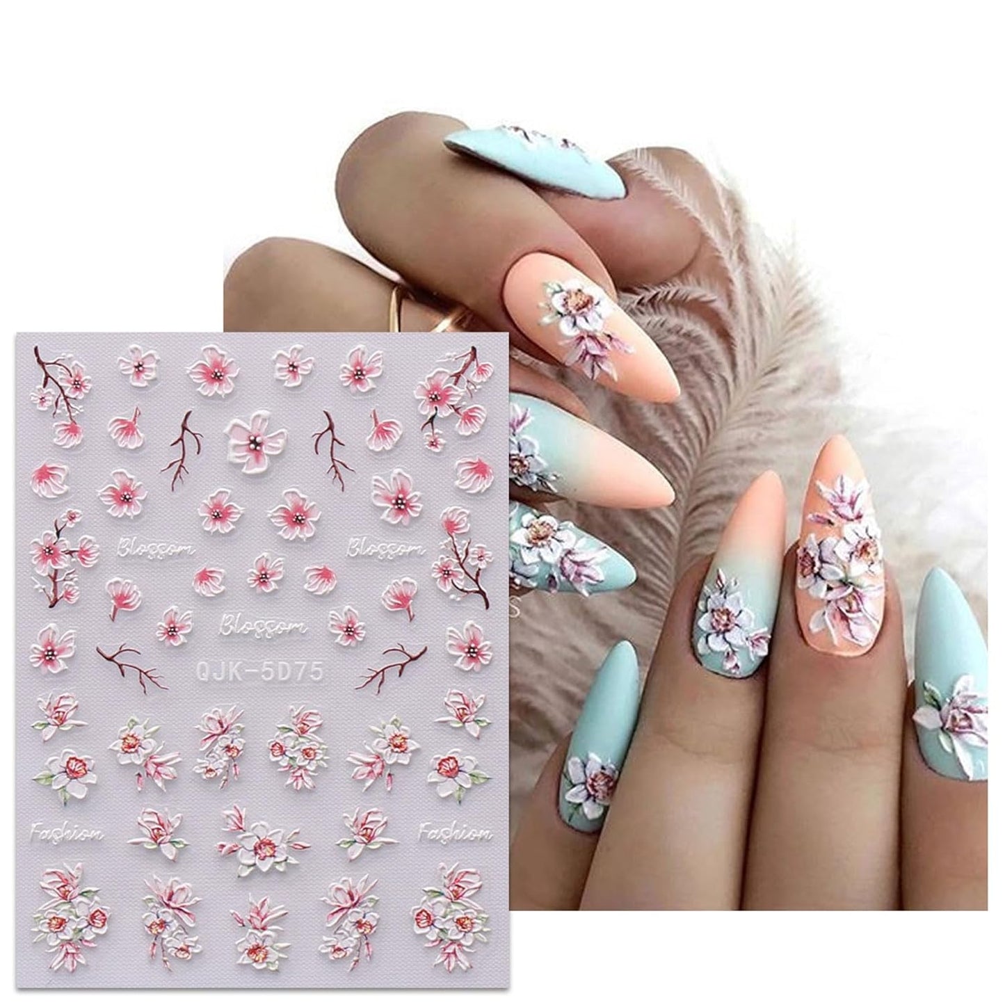 JMEOWIO 6 Sheets 3D Embossed Spring Flower Nail Art Stickers Decals Self-Adhesive Pegatinas Uñas 5D Colorful Summer Leaf Floral Nail Supplies Nail Art Design Decoration Accessories