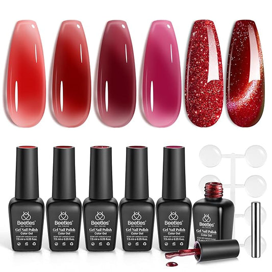Beetles Red Gel Nail Polish Set, Winter Gel Polish 6 Colors Cat Eye Glitter Burgundy Bright Jelly with Magnet, Soak Off LED Lamp DIY Salon at Home Manicure Gifts for Women Red Revival