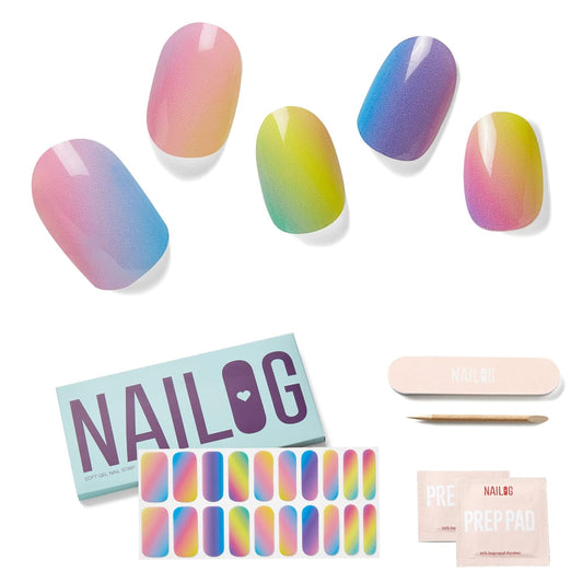 NAILOG Semi Cured Gel Nail Strips for Spring (20 Extra Long Polish Stickers/Wraps) │ Glossy & Long Lasting Soft Gel Finishing (Rainbow)
