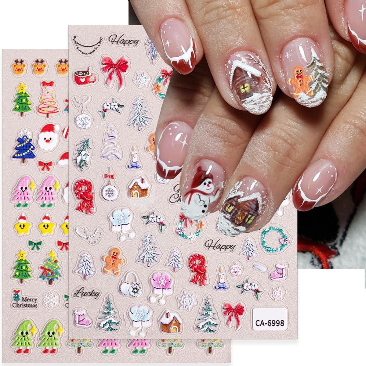 4 Sheets Christmas Nail Stickers for Nail Art, Cute Santa Claus Xmas Tree Christmas Nail Art Stickers 5D Embossed Snowmen Snowflake Design Winter Nail Decals for Women Holiday Manicure Decoration