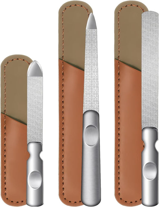 Metal Nail File (3 Pcs), Nail Files for Natural Nails & Toenails, Thick Nails Made of Stainless Steel, Double Sided Metal Nail Files with Anti-Slip Handle for Fingernail Toenail, Home or Salon Use