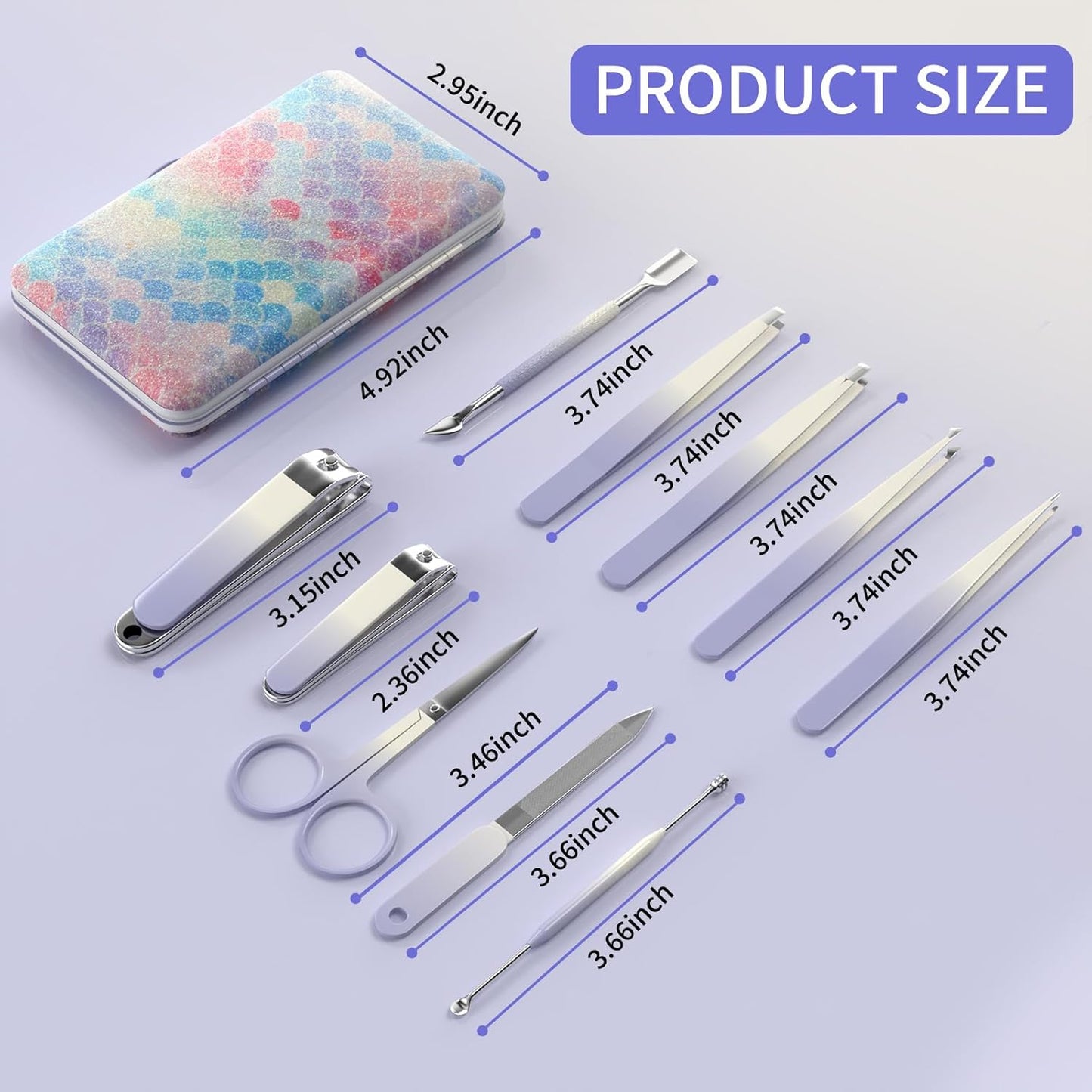 Manicure Set 10 in 1 Stainless Steel Nail Clippers Scissors Tweezers Grooming Kit with Travel Case (Purple)