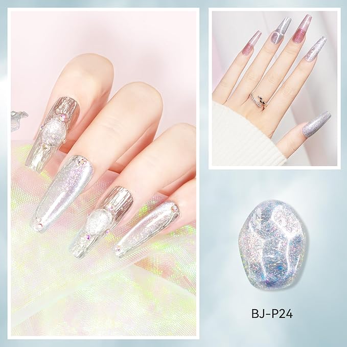 Cat Eye Gel Nail Polish 12ML, 3 In 1 Step Holographic Cateye Gel Polish With Magnet, Silver Glitter Magnetic Crystal Ice Shimmer Soak Off UV/LED Nail Art Design