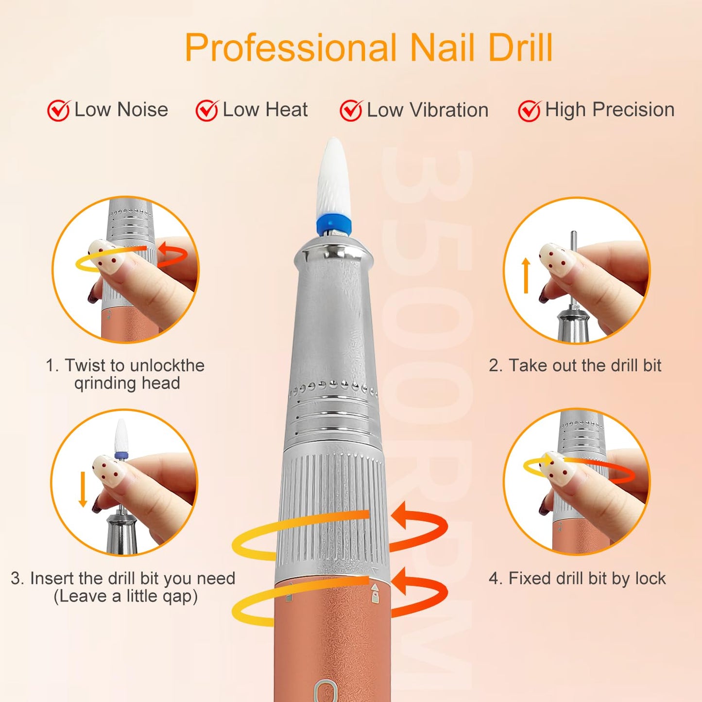 Electric Professional Nail Drill 35000RPM Cordless Portable Nail E-File Buffer Tools with Bits Perfect for Salon Manicure Pedicure Acrylic, Gel, Natural Nails(Rose Gold)