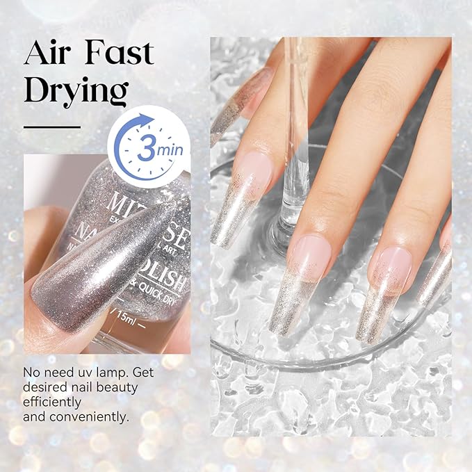MIZHSE Quick Dry Glitter Nail Polish, Silver Nail Polish Air Dry Fast, 15ml 0.5 fl oz High Glossy Sparkle Shiny Shimmery Chrome Nail Pigment Nail Art Salon Manicure Home