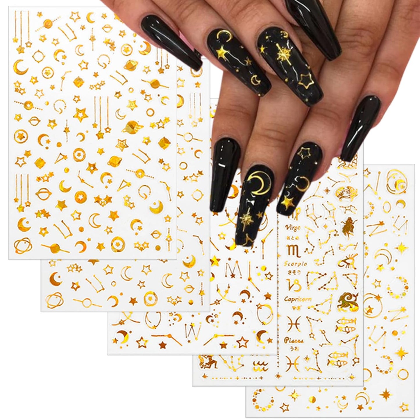 TailaiMei 12 Sheets Gold Moon Star Nail Stickers, 3D Metallic Laser Self-Adhesive Nail Art Decals for Women Manicure DIY or Nail Salon(1000Pcs)