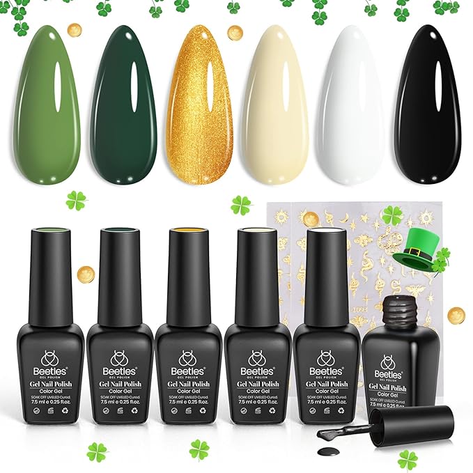 Beetles Gel Polish 6 Colors Dark Green White Black Golden Gel Nail Polish Design with Snake Sticker Soak Off UV LED Gel Nail Kit Manicure DIY Home Gift for Women Viper's Kiss