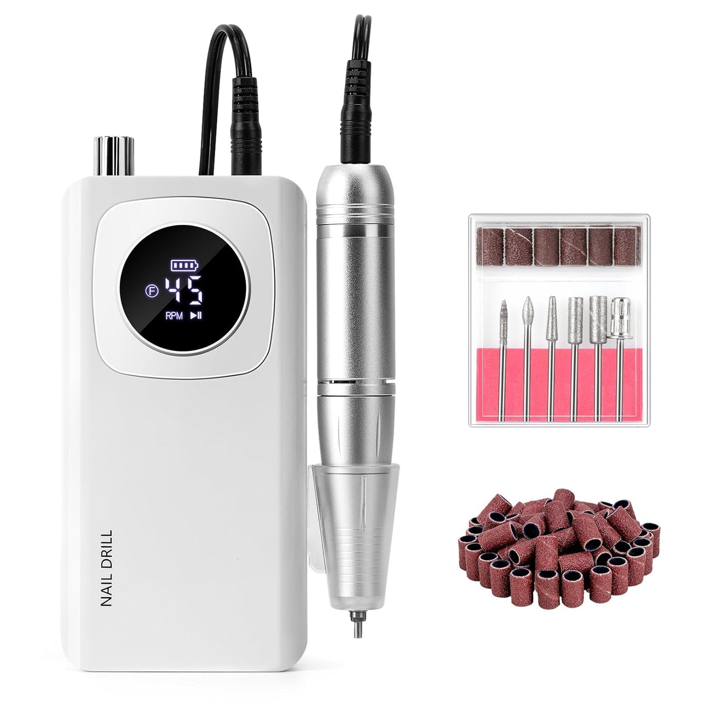 Rechargeable Electric Nail File Professional: Madenia 45000RPM Portable Efile Nail Drill Kit, Cordless E File Nail Drill Machine for Acrylic Gel Nails Salon Home Manicure Use, White