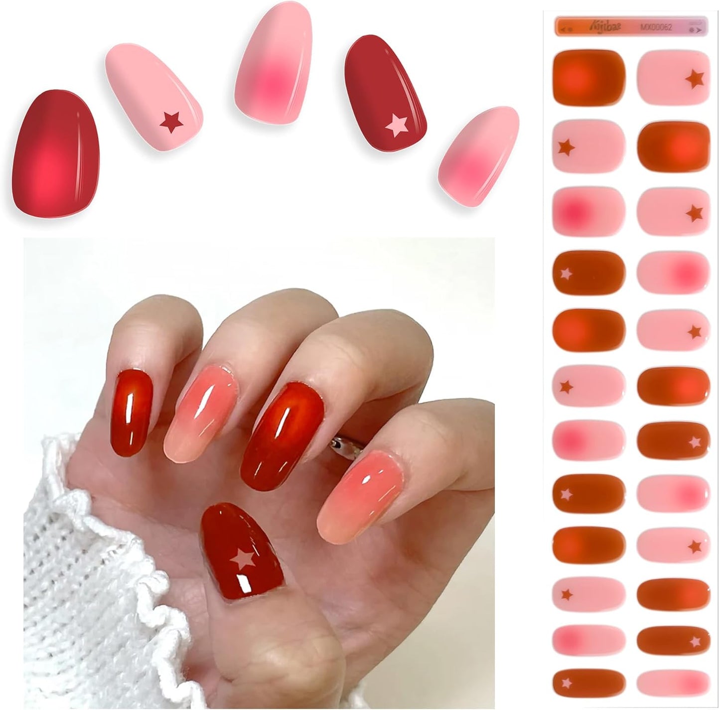 Semi Cured Gel Nail Strips - Trendy Nail Polish Wraps Works with Any UV Lamp - Long Lasting Easy Salon Manicure - 24pcs with 2 Prep Pads, Nail File & Cuticle Stick (Star Burst)