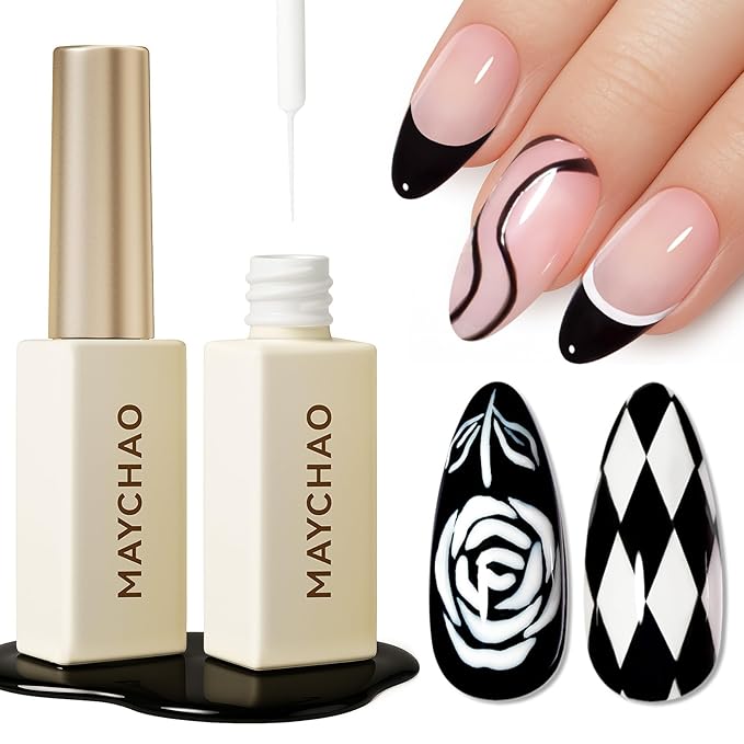 MAYCHAO 2Pcs Black White Gel Liner Nail Art Set 3D Effect Gel Nail Polish 8ml Build in Thin Brush Metal Painted Drawing Stripper Nail Varnish Curing Requires for Home Salon