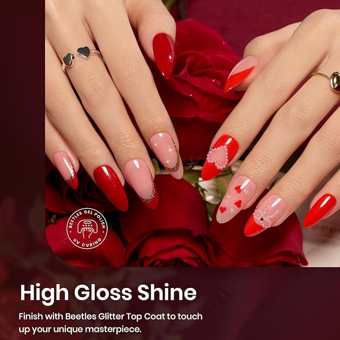 Beetles Red Gel Nail Polish Set with Top Coat, Winter Gel Polish 6 Colors Popular Shimmer Red Burgundy Nail Art Design Soak Off Uv LED Minicure DIY Home Gifts for Women