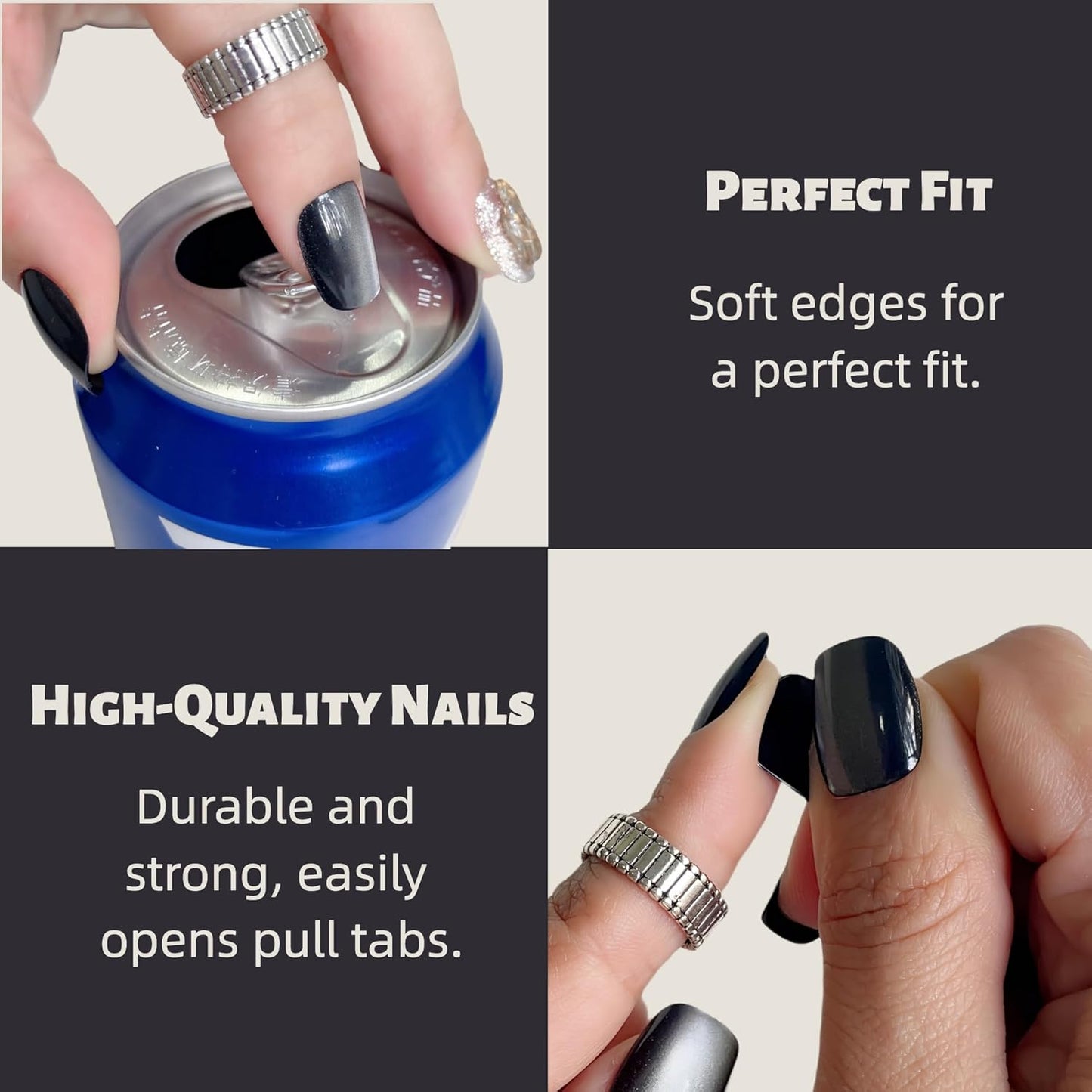 Black Cat Eye Short Squoval Press-On Nails – 28pcs with Champagne Rhinestone Accents, Soft Fit Back, Durable Front Edge, Reusable Full Cover Fake Nails for Daily, Party, Wedding