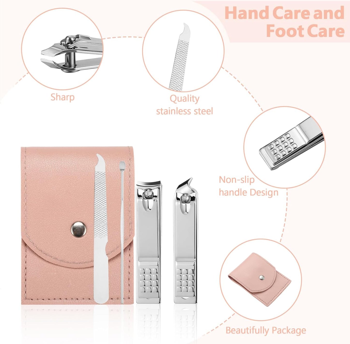 Lasnten 100 Bulk Nail Clipper Set Bulk Manicure Kit Stainless Steel Pedicure Professional Nail Care Kit with Travel Case Portable Grooming for Husband Men Women Family(Pink,4 in 1)