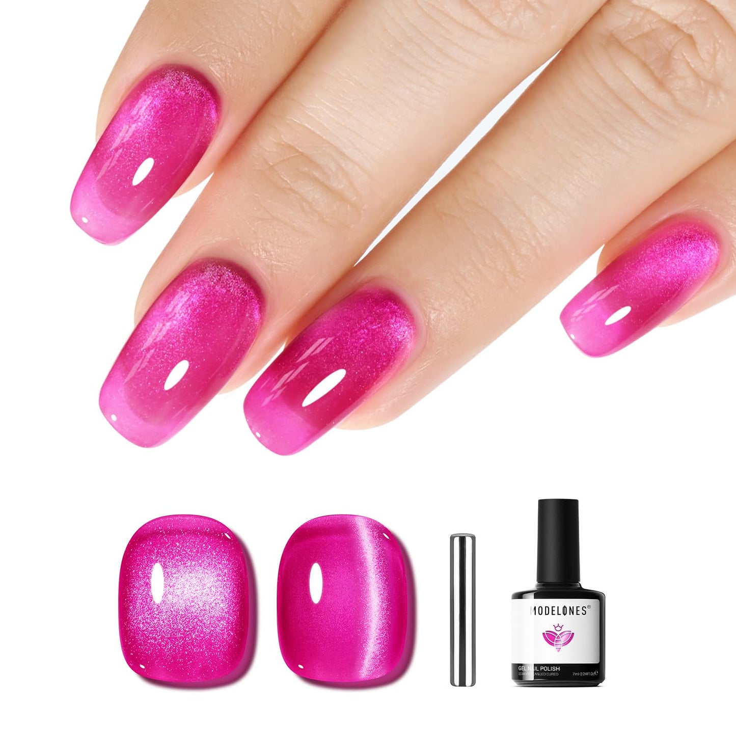 modelones Glassy Cat Eye Gel Nail Polish Glitter Holographic Hot Pink Cat Eye Pink Shimmer Reflective Translucent U v Gel Magnetic Nail Polish Top Coat for Women Girl 15ML