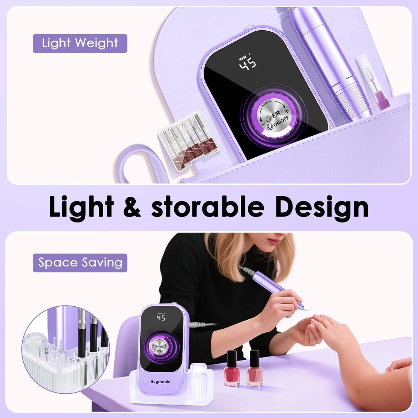 Professional Electric Nail Drill File, HUGMAPLE 45000RPM Portable E-File Machine with Bits & Base, Cordless Rechargeable Nail Drill Kit for Shaping, Removing & Polishing Gel Nails Salon Home (Purple)