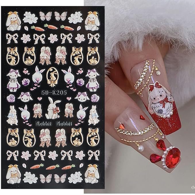 SINSEN Easter Nail Art Stickers Cute Bunny Nail Decals, 3Sheets 5D Embossed Easter Day Nail Art Supplies Cartoon Rabbit Butterfly Flower Nail Stickers for Acrylic Nails Women Easter Nail Decorations