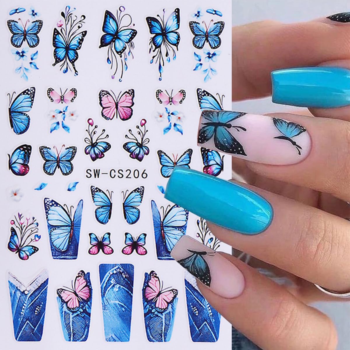 6Pcs Butterfly Nail Stickers for Nail Art Spring Flower Nail Decals French Tip Nail Art Stickers Retro Blue Pink Butterflies Floral Nail Design Supplies Cute Nail Decoration for Acrylic Nails Charm