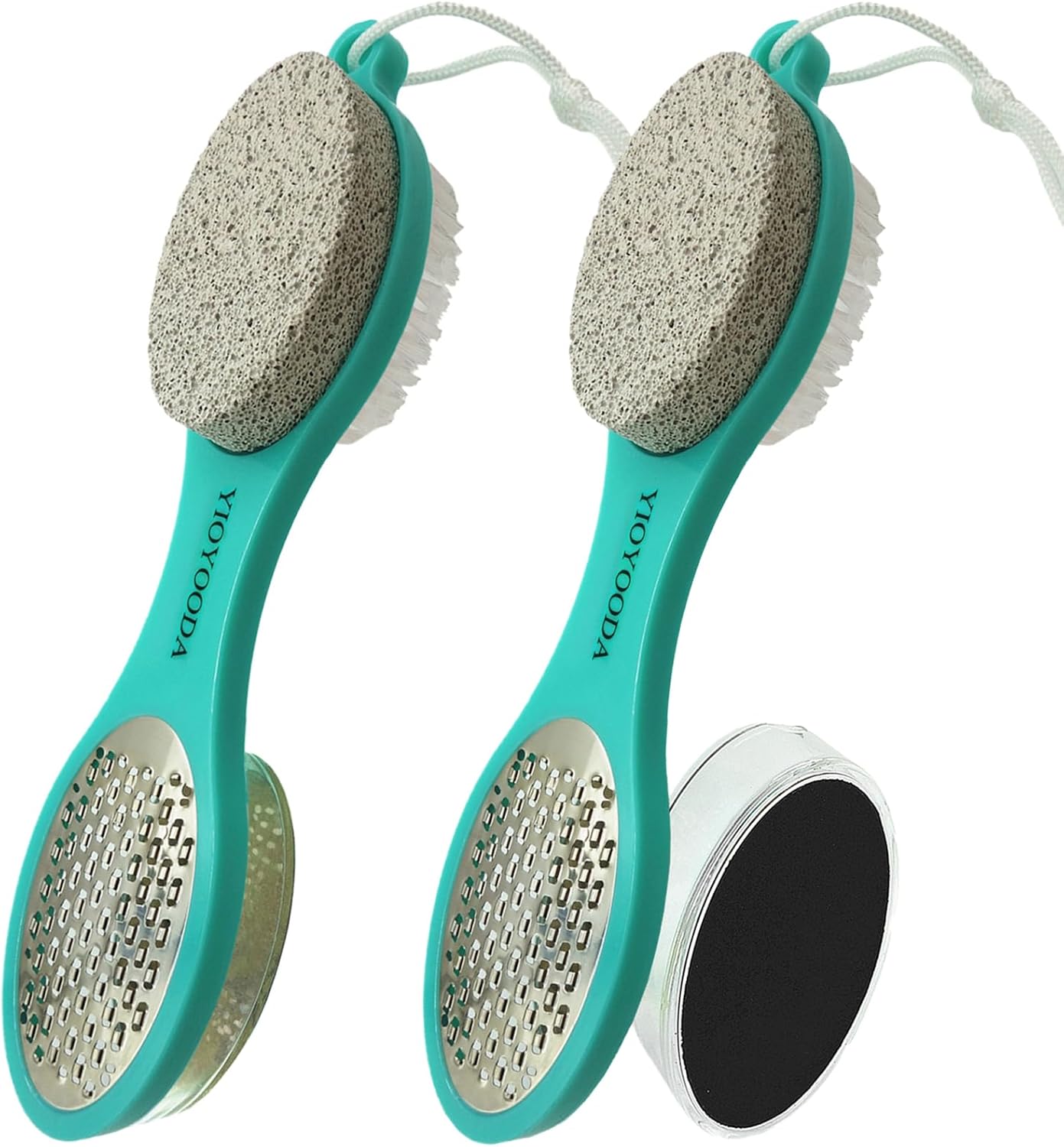 Foot File Callus Remover 5-in-1, 2 Pcs Feet Scraper Pedicure Tools with Pumice Stone, Scrubber Brush, Stainless Steel Foot Rasp and Sand Paper Debris Catcher, Multi Purpose, Cyan