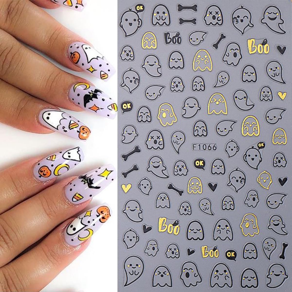 8PCS Halloween Nail Stickers for Nail Art - 3D Metallic Spider Web, Ghost, Pumpkin, Skull, Stars, Cat Designs - Black Gold DIY French Manicure Decor