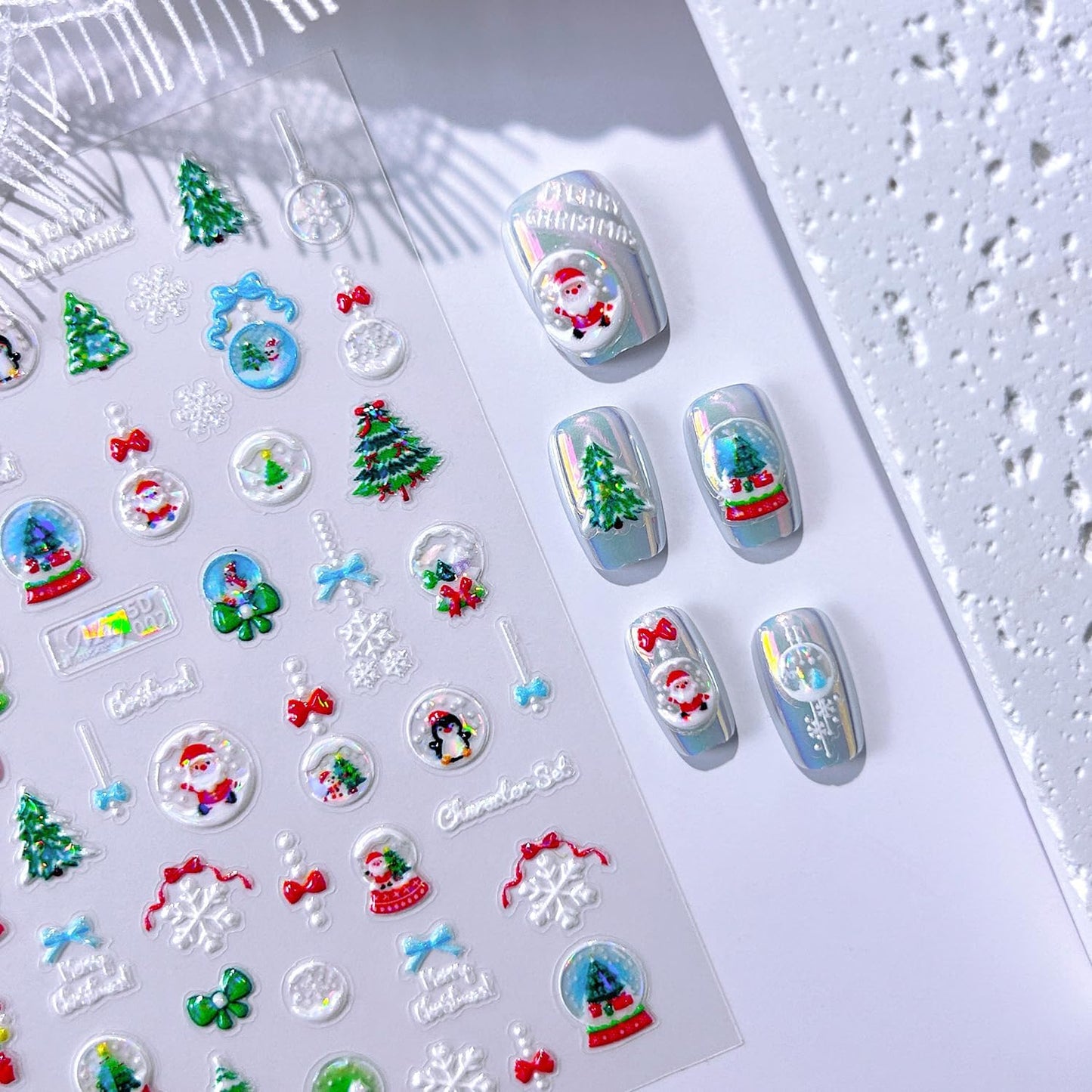 Christmas Nail Stickers 5D Embossed Christmas Lights Tree Nail Art Stickers Xmas Snowflake Nail Decals Self-Adhesive Penguin Design Sticker Holiday Nail Decoration for Women Manicure Accessories 4Pcs