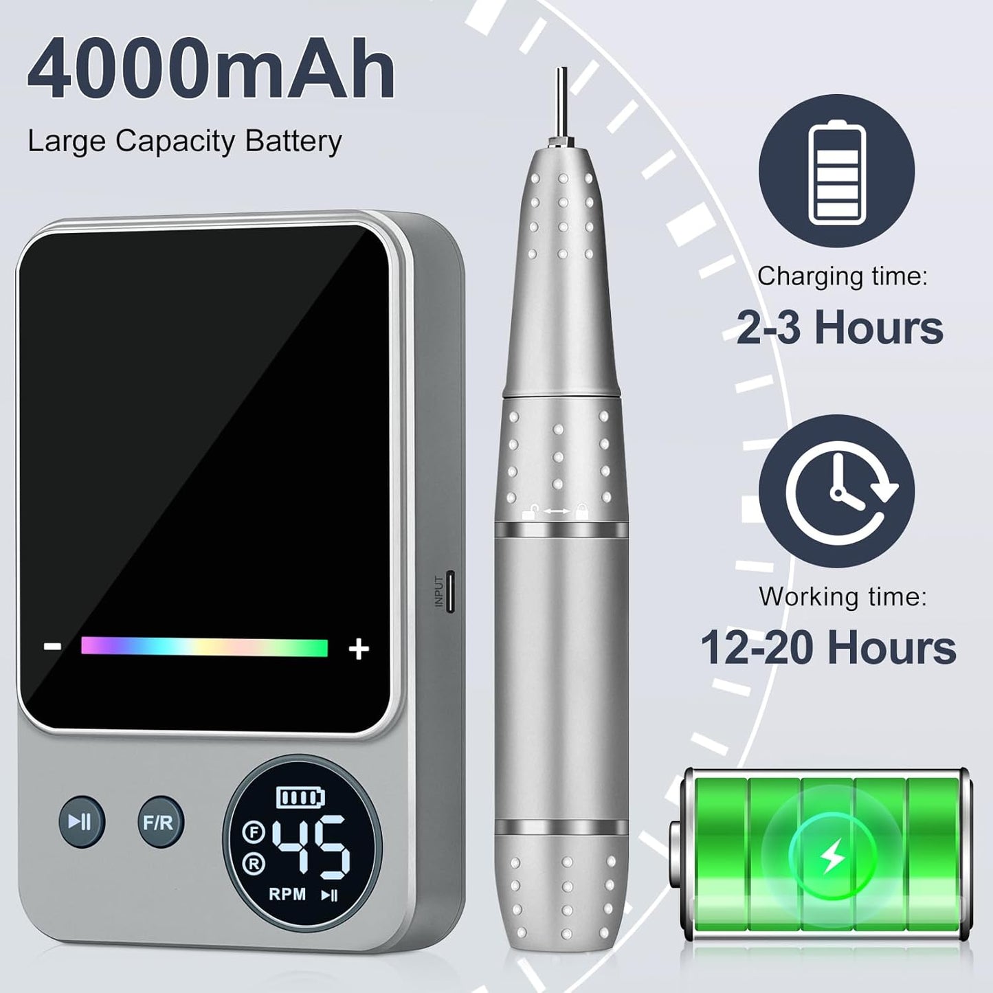 Electric Nail Drill Professional, Urbuti 45000RPM Nail Drill 4000mAh High Capacity Rechargeable Electric Nail File 11 Drill Bits Remover Gel Nail Polish Acrylic Nails Manicure for Salon Home(Gray)