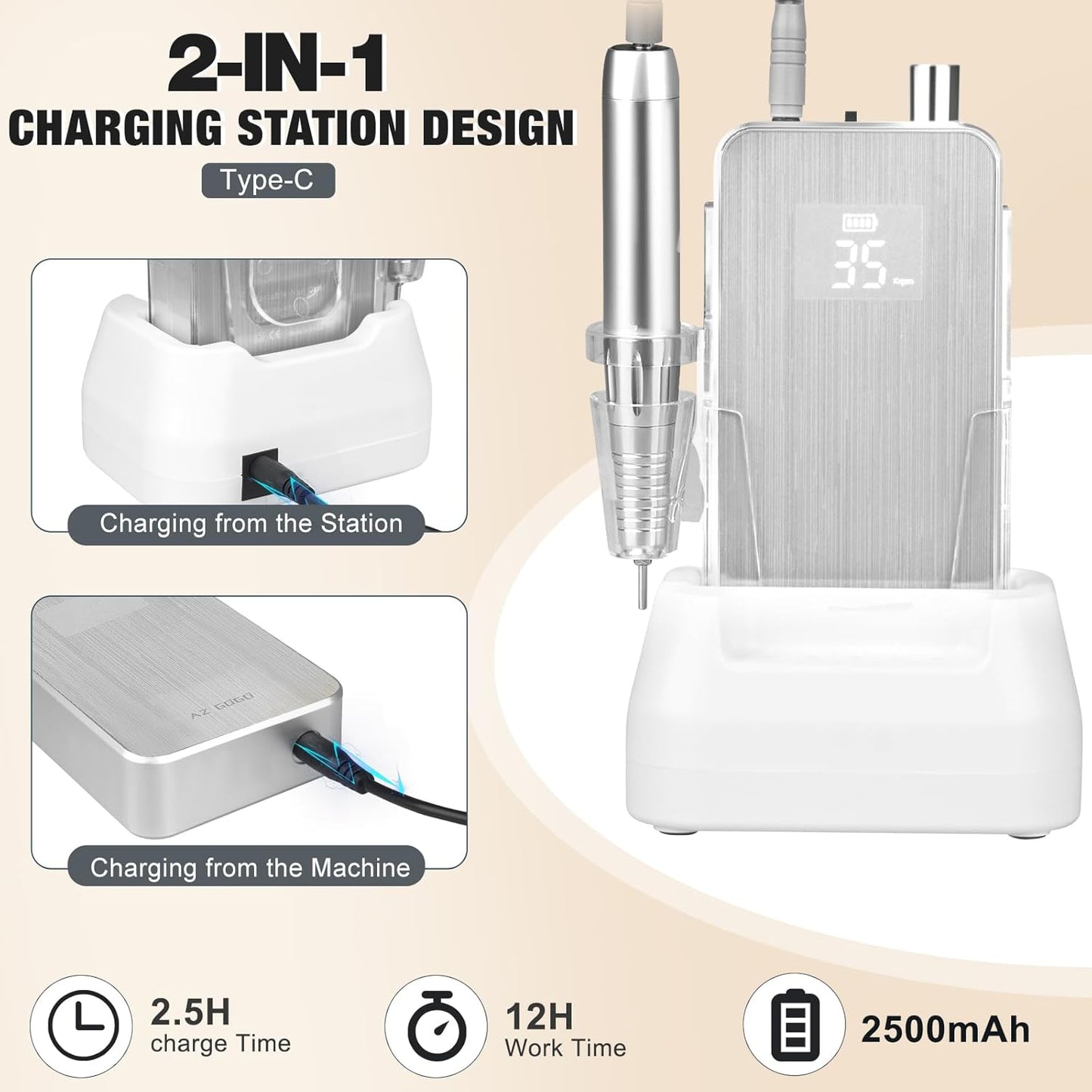 Professional Nail Drill Machine, 2-in-1 AZ GOGO 35000RPM Rechargeable Portable Cordless Nail Drills for Acrylic Gel Nails Manicure Pedicure Salon/Home Use - Coreless Motor (Silver)