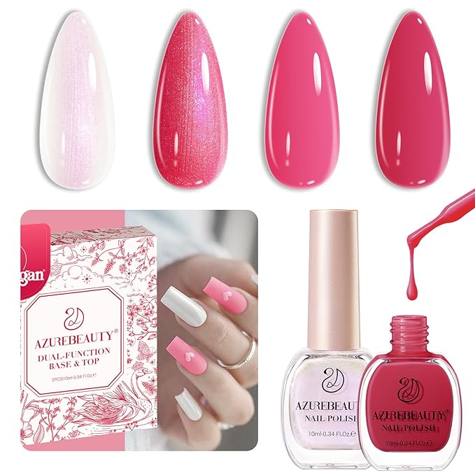 AZUREBEAUTY Pearl White Nail Polish Quick Dry Pearl white Hot Pink 2 Colors Nail Lacquer Natural Infinite Shine Strengthening Treatment Kit DIY Salon Home Women Gifts 2Pcs 0.34oz