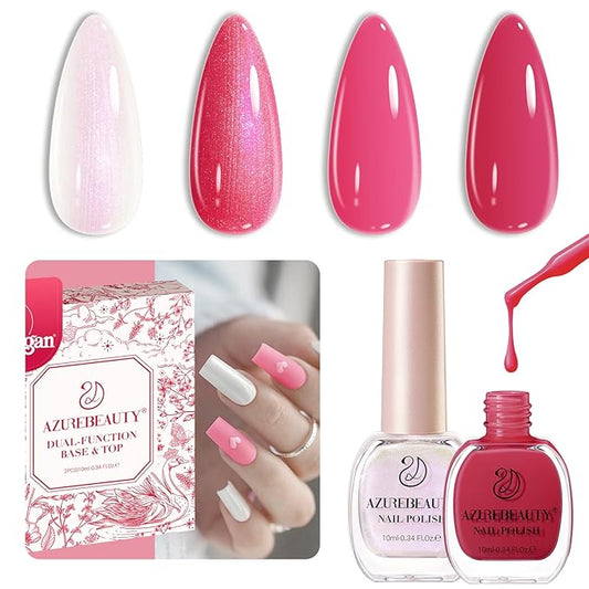 AZUREBEAUTY Pearl White Nail Polish Quick Dry Pearl white Hot Pink 2 Colors Nail Lacquer Natural Infinite Shine Strengthening Treatment Kit DIY Salon Home Women Gifts 2Pcs 0.34oz