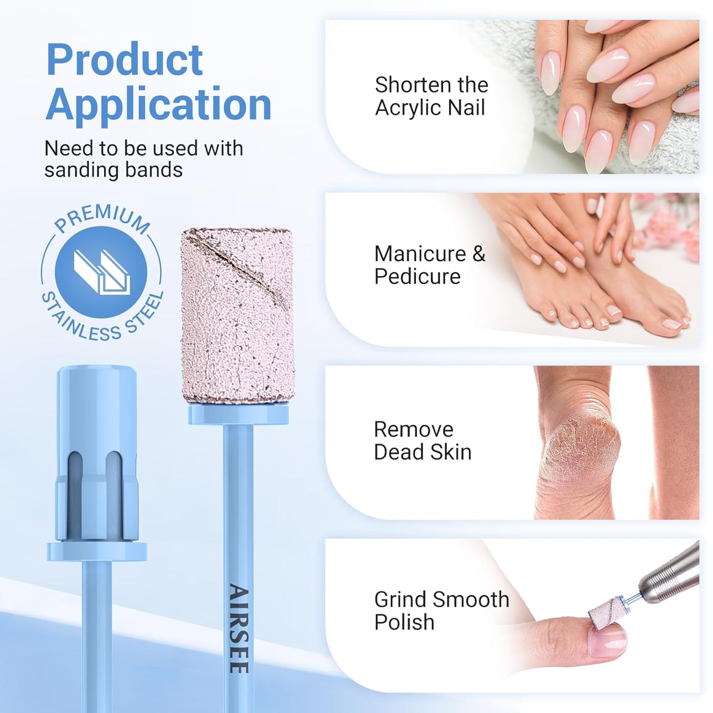 AIRSEE Nail Drill Mandrel Bit for Efile Sanding Bands, Stainless Steel Professional Electric File Head for Clean Cuticle Removing, Acrylic Tip Dead Skin Sander Remover Manicure Safety (Tranquil Blue)