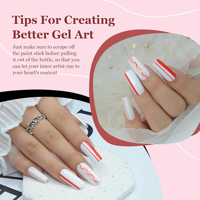 Gel Liner Art Polish Set 10ml, 6 Colors Black White Red Pink Glitters Gold Silver, Nail Polish Paint Swirl Built Thin Brush in Bottle Soak off Uv Gel Nail Art Liner Set