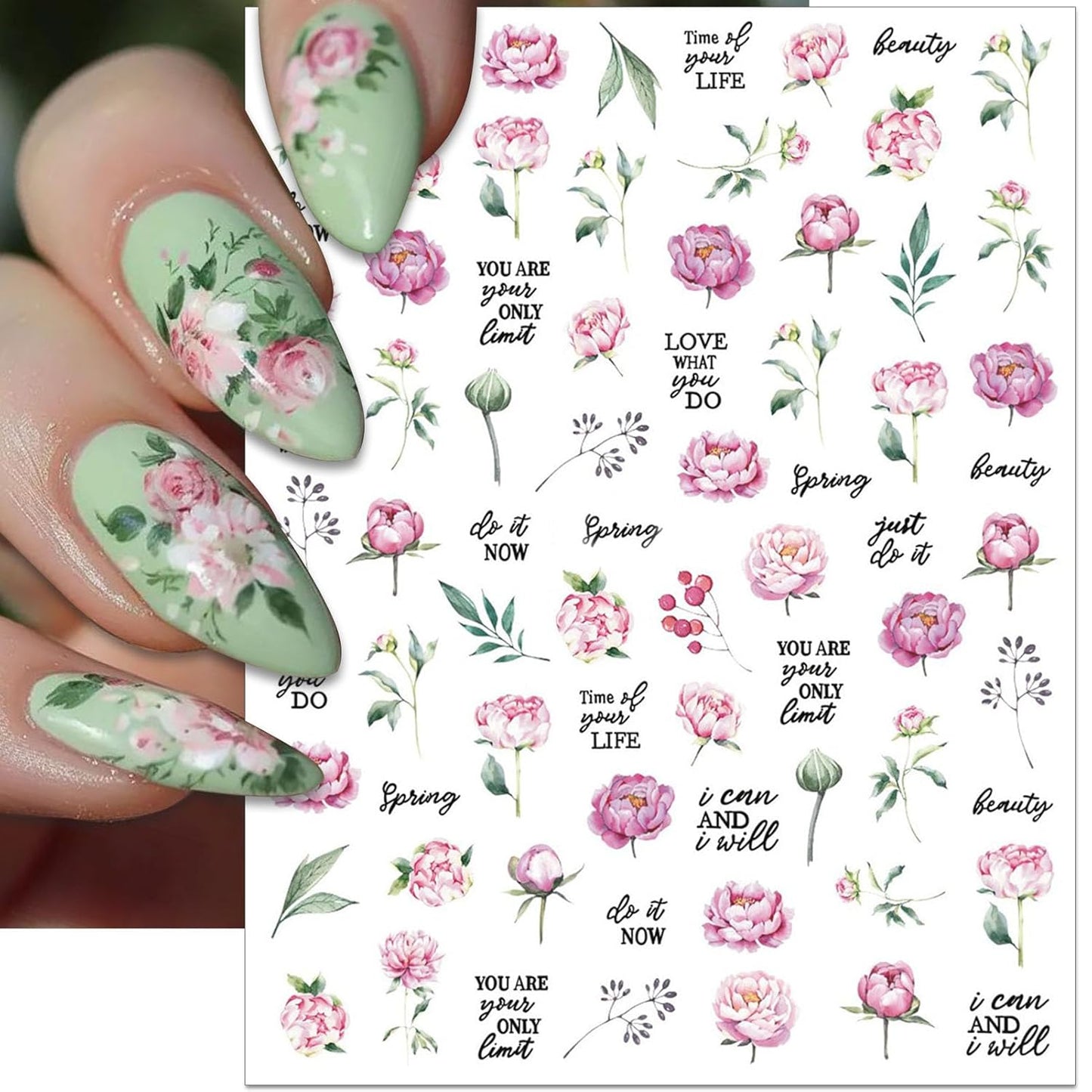 Peony Flower Nail Art Stickers - Pink Floral Leaf Self-Adhesive 3D Nail Decals for DIY Spring Summer Manicure (6 Sheets)