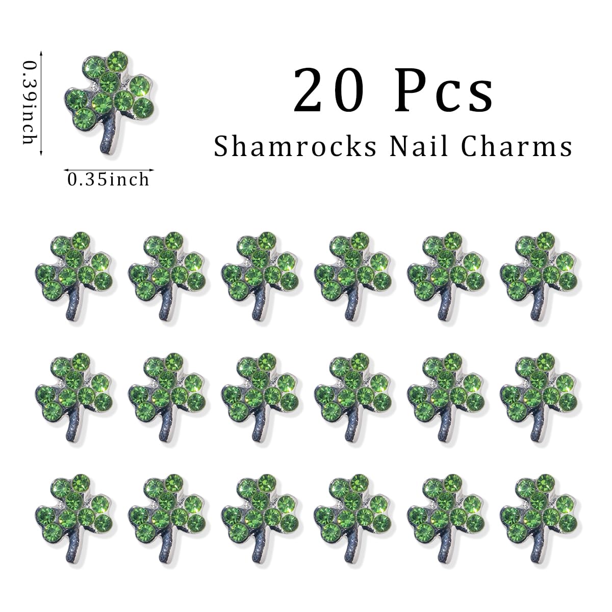 20Pcs Shamrock Nail Charms and Gems 3D Metal St Patricks Nail Charms with Diamond Design Irish Clover Nail Rhinestone Charms Alloy Green Charms Decoration for Women Girls