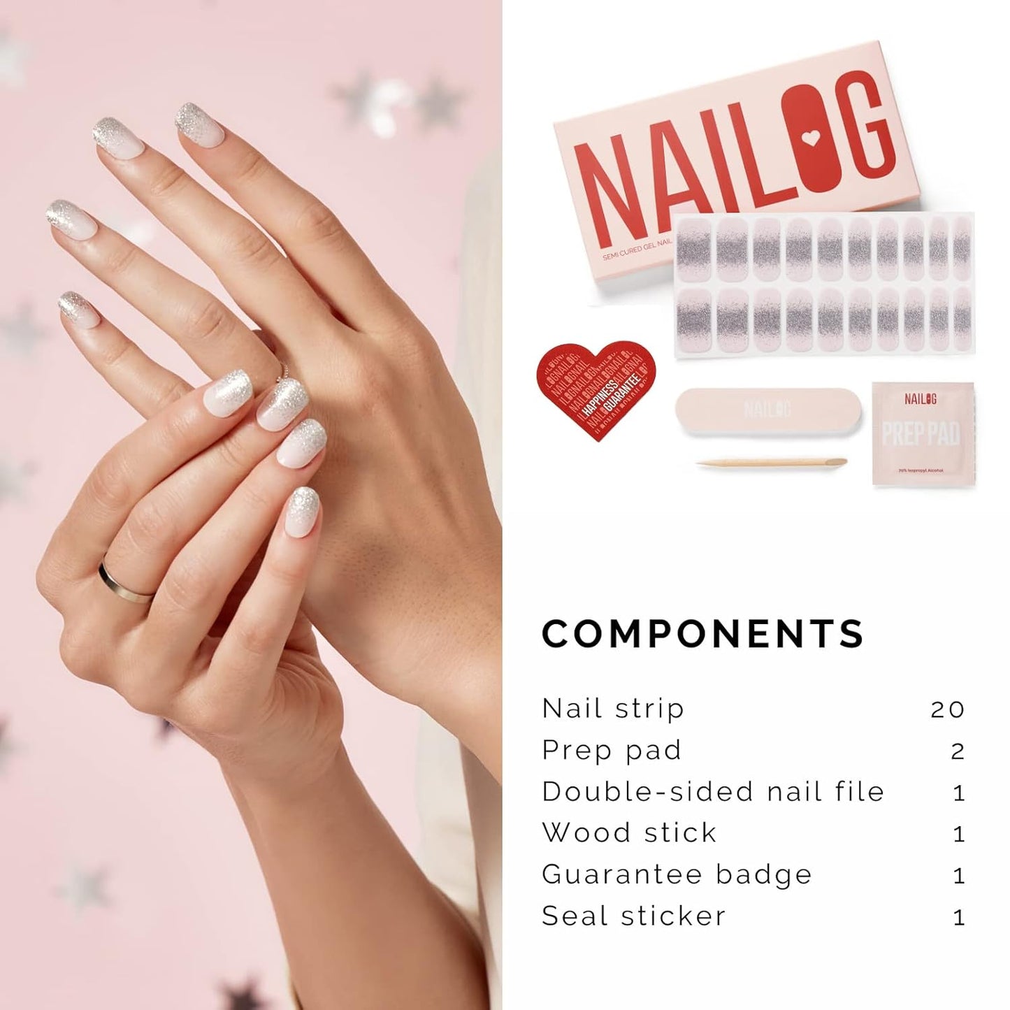 NAILOG Semi Cured Gel Nail Strips, Extra Long Glitter Nail Polish Strips (20 Pieces), Buy 2 Get 1 UV Lamp, Long Lasting Gel Nails with Soft Glossy Gel Finish, Ballerina