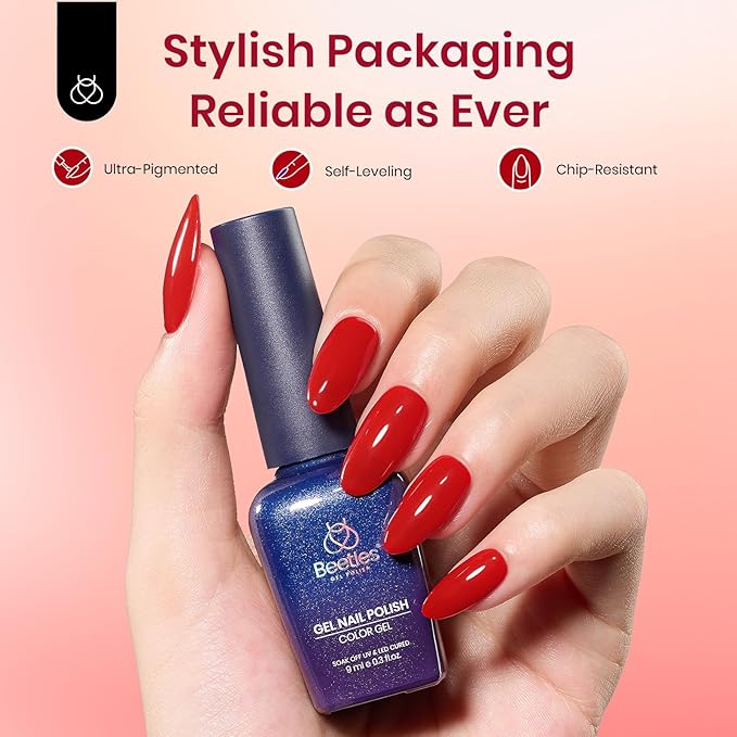 Beetles Red Gel Polish,Crimson Gorgeous Gel Polish, Red Color Nails Glossy Long Lasting Soak Off U V LED Gel for Nail Art Salon Quality DIY