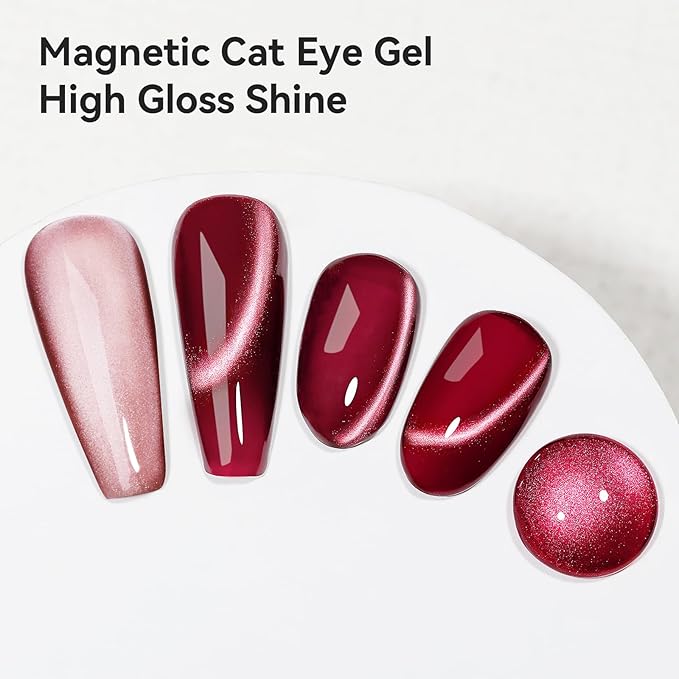 Cat Eye Gel Nail Polish, Burgundy Red Glitter Magnetic Gel Polish Moonlight, Cateye Gel Polish With Magnet Wine Red Holographic Shimmer UV Velvet Manicure Salon DIY Home, 12ML