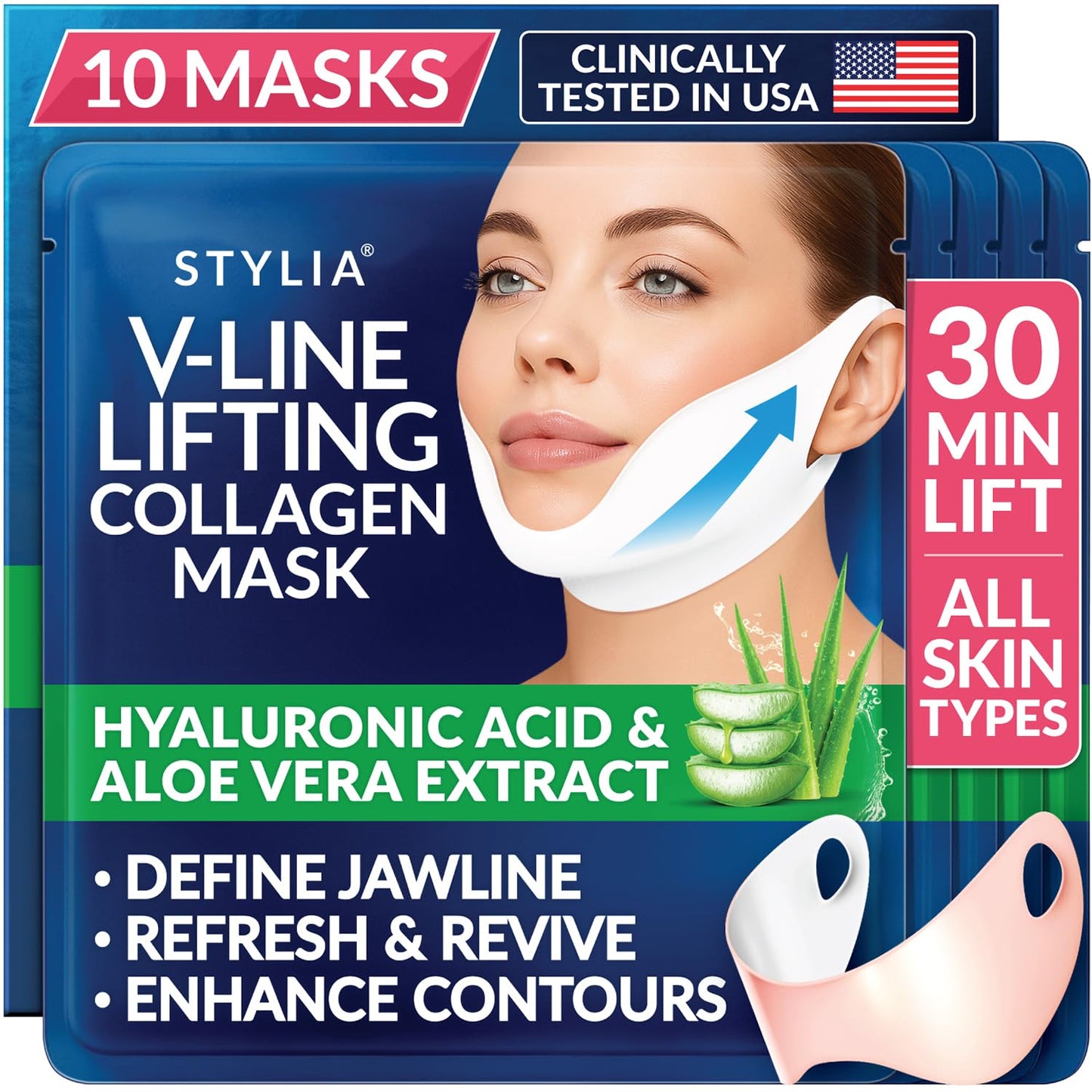STYLIA V Line Lifting Collagen Mask - Lift, Firm & Contour Jawline - Tightening Double Chin Strap with Hyaluronic Acid & Aloe - Neck Lift & Face Tightening Mask - Jawline Shaper Face Lift Tape (10PC)