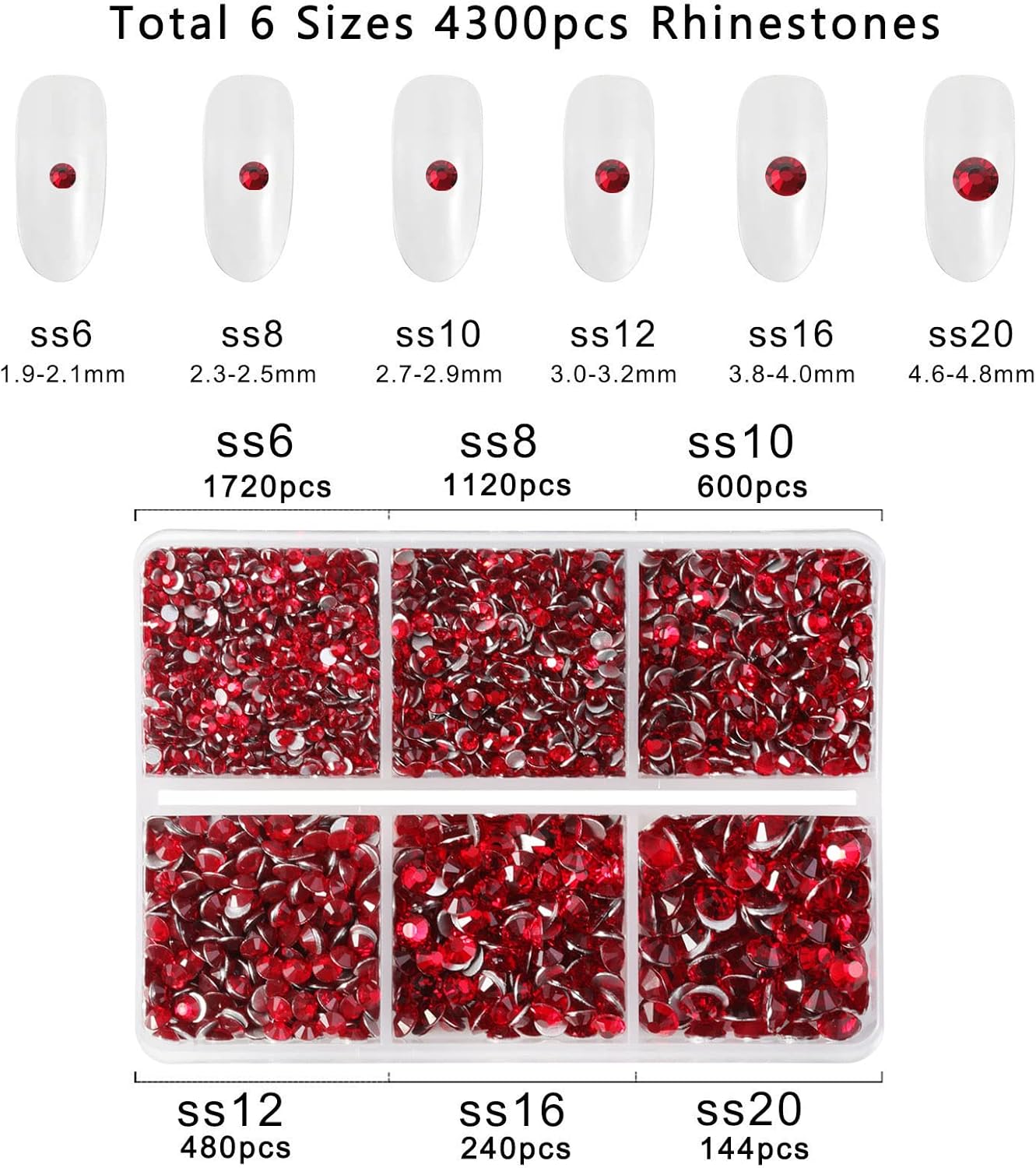 Beadsland 4300pcs Flatback Rhinestones, Red Rhinestone Nail Gems Round Crystal Rhinestones for Crafts,Mixed 6 Sizes with Picking Tweezers and Wax Pencil Kit, SS6-SS20, Siam