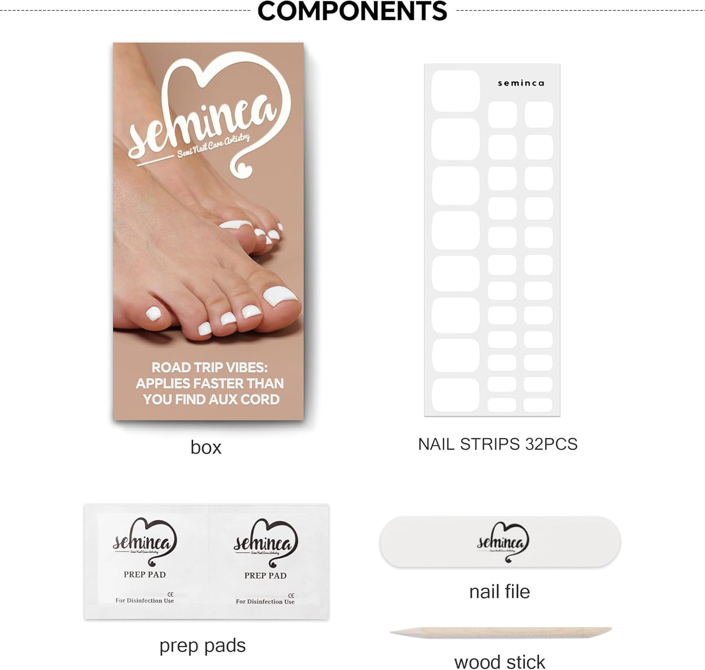 Semi Cured Gel Toe Nail Strips-Semi-Gel Toe Nail Art Kit (32 Pack) Easy Apply Fake Nails for Feet,Summer Sandal Ready Designs Works with Any UV/LED Lamps(Basic White.Pedicure)