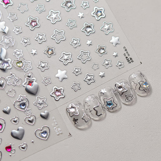 Star Nail Art Stickers Decals Shiny Silver Star 5D Embossed Nail Decals with Crystal, 1PCS Hollowed Stars Self-Adhesive Nails Design Manicure Sliders Y2K Nail Art Supplies for Women DIY Decorations