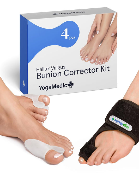 YOGAMEDIC Bunion Corrector for Women - 2 Splints & 2 Silicone Spacers - Adjustable Day & Night Wear - Toe Separators for Men for Bunion Relief
