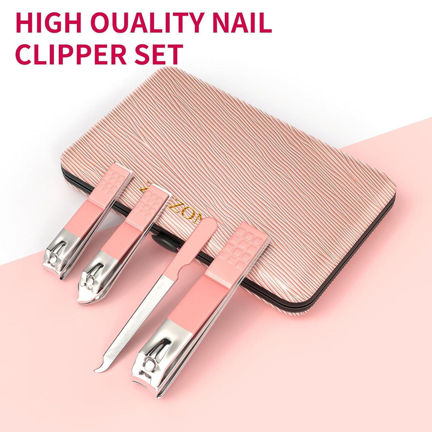 ZIZZON Travel Mini Manicure Set Nail Clipper Set 10 in 1 Stainless Steel Pedicure Care Grooming kit with Case Pink