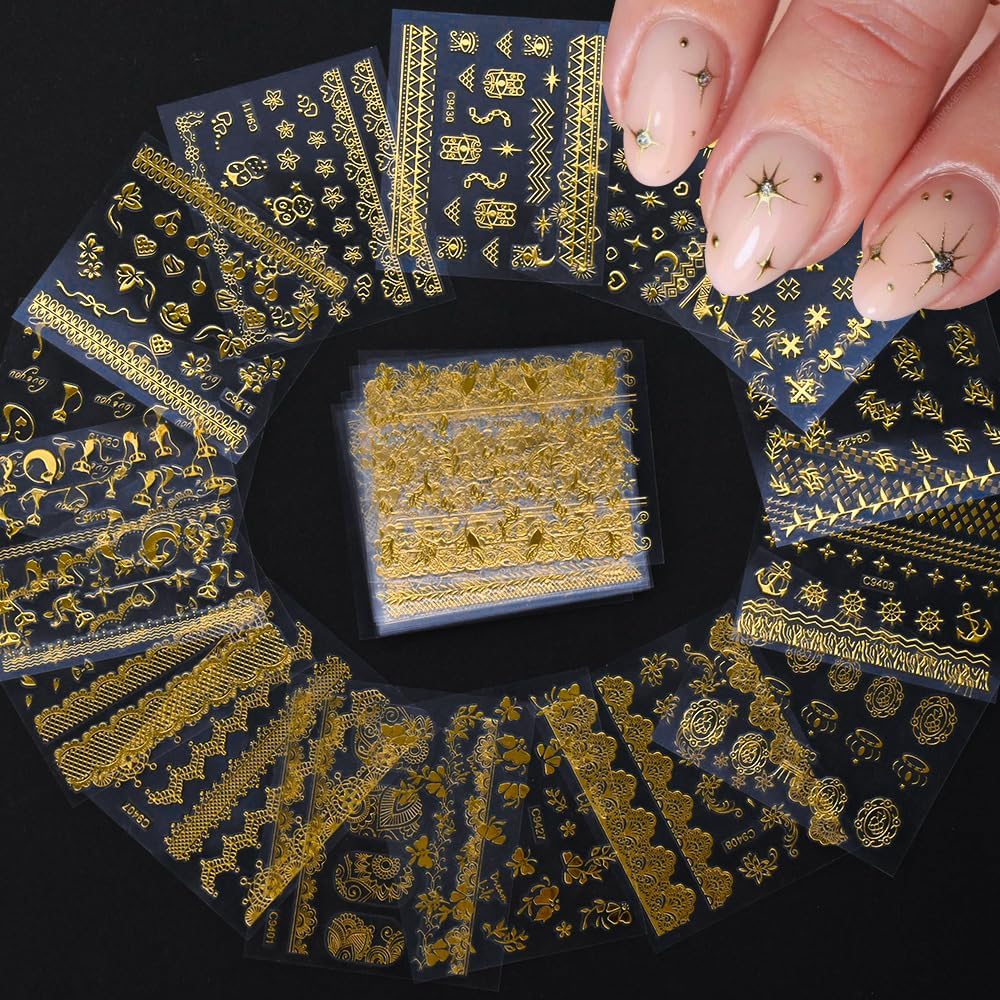 30 Sheets Gold Nail Art Stickers 3D Self-Adhesive Gold Lace Cat Flower Star Moon Heart Nail Decals 3D Gold Retro Hollow Nail Stickers Nail Art Design for Women DIY Acrylic Nails Decoration