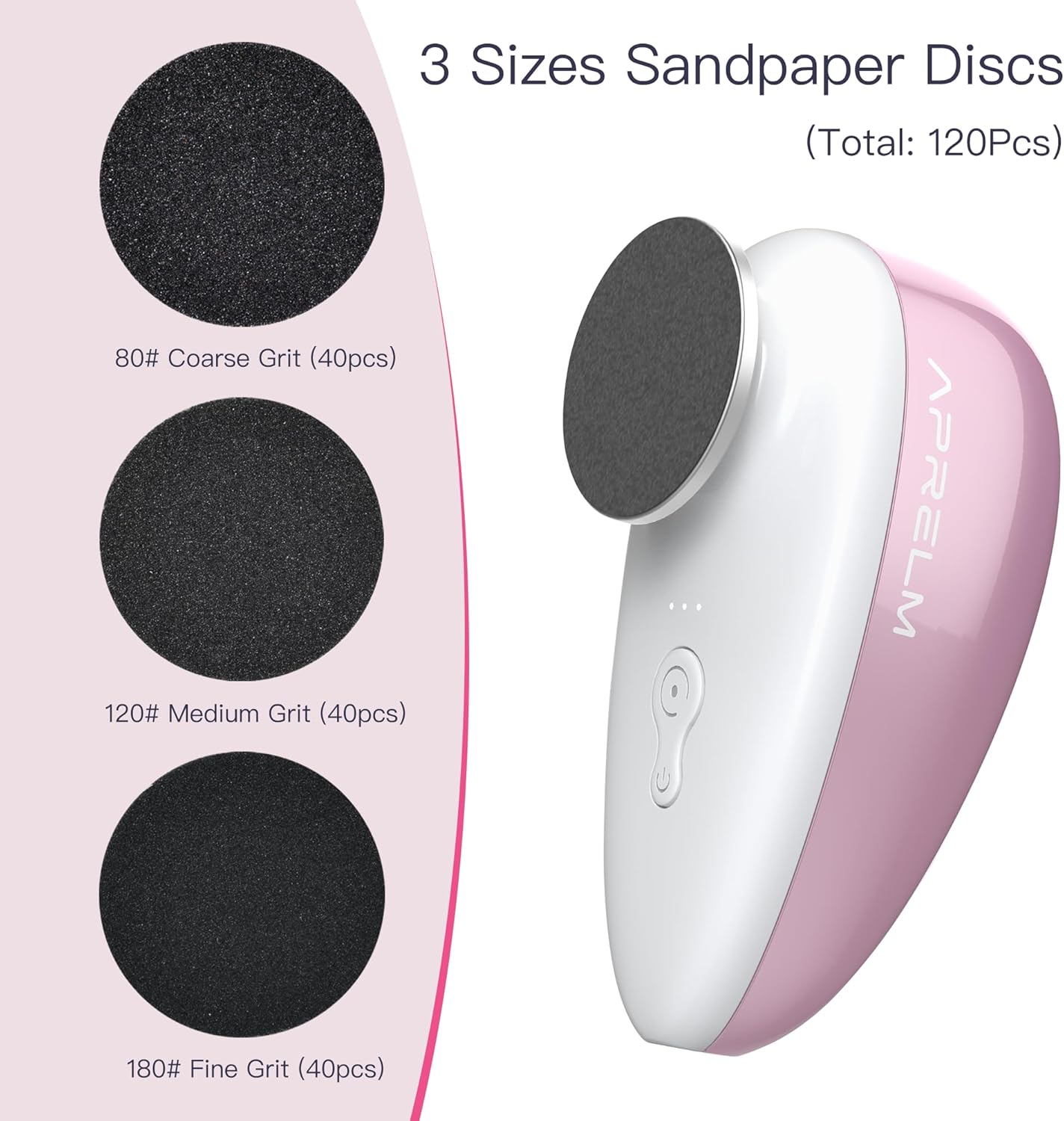 AprElm-E5 Rechargeable Electric Foot Callus Remover with 3-Sizes 120Pcs Sandpapers, Professional 1000RPM Electric Foot File with Organizer, Pedicure Tools Gifts for Women Men (Pink-White)