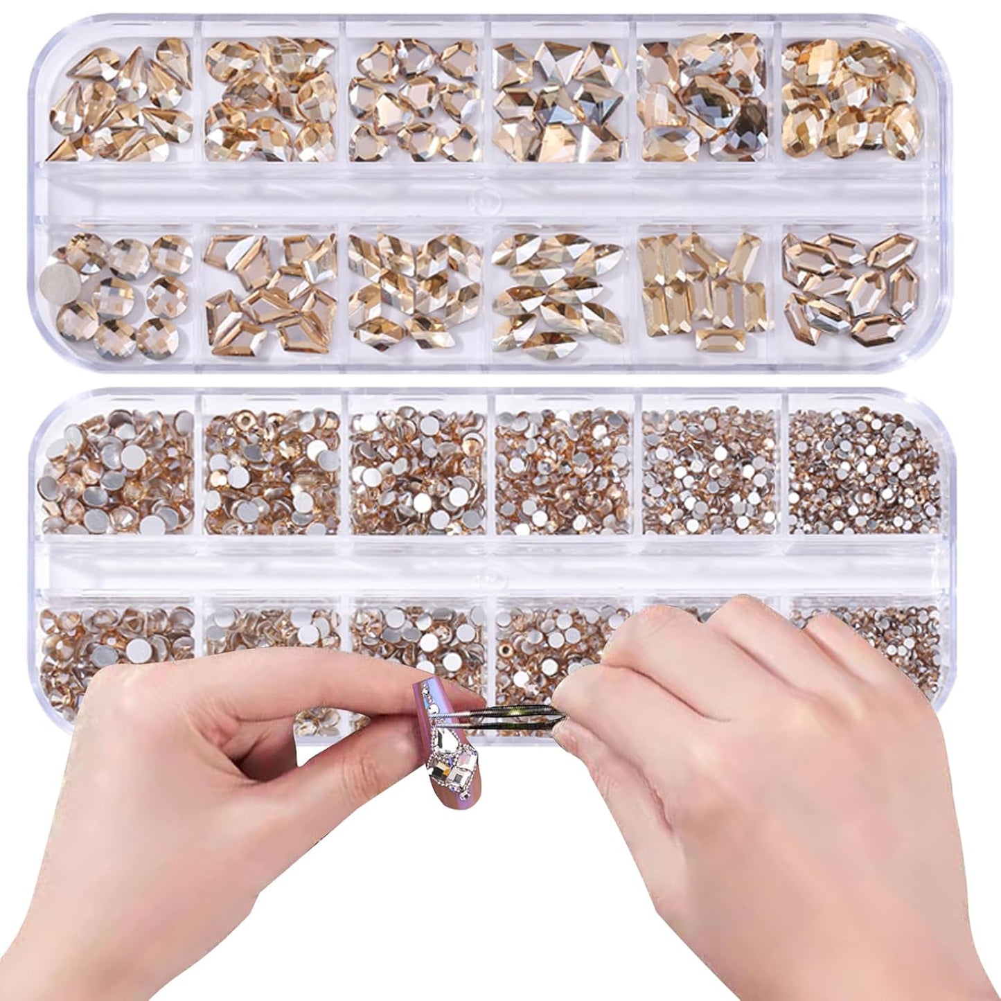 3120 Champagne Diamond Nail Rhinestones, HOINCO Crystal Nail Rhinestones, 3D Mixed Size Crystal AB Flat Bottom Gemstone for Nail Art DIY Craft Decoration with Crayon Tweezers