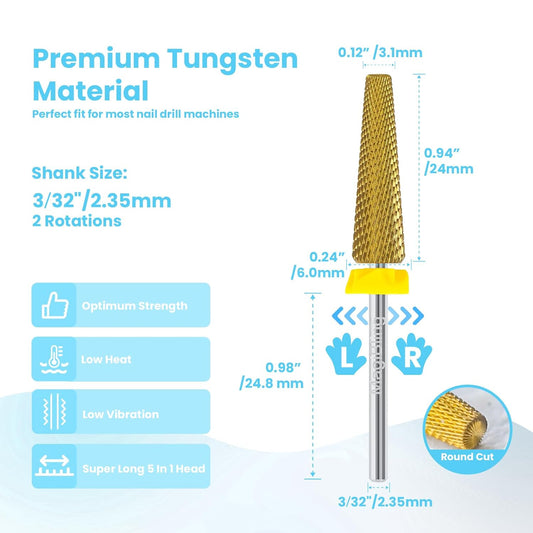 24mm Super Long 5 in 1 Nail Drill Bits, Professional 3/32'' Tungsten Carbide Bits, Fast Gel Removal for Long Acrylic Nails, Left Right Hand Use, Manicure Cuticle Hard Gel Polishing, Extra Fine