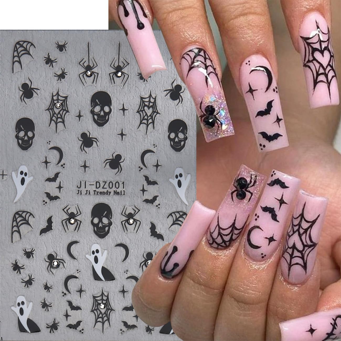 Halloween Nail Stickers for Nail Art Kit - 6Sheets Cute Ghost Nail Decals 3D Self-Adhesive Horror Skull Spider Web Bat Pumpkin Star Moon Designs DIY Nail Art Tips Nail Supplies for Halloween Party